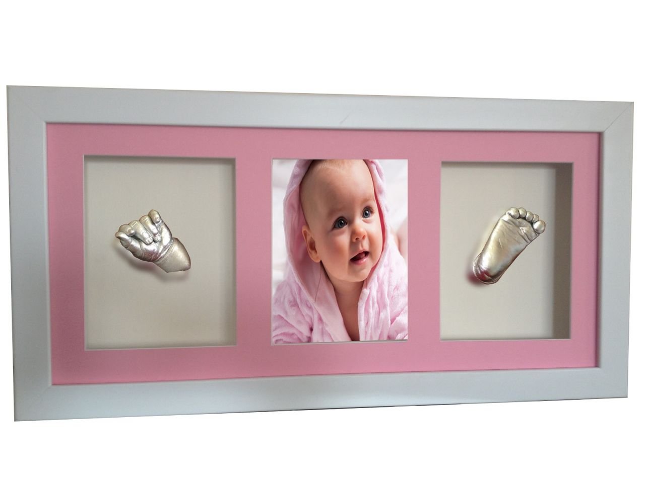 Beyaz çerçeveli, resimli, 3 bölmeli bebek el-ayak izi heykeli seti Gümüş rengi - Pembe renkli paspartu