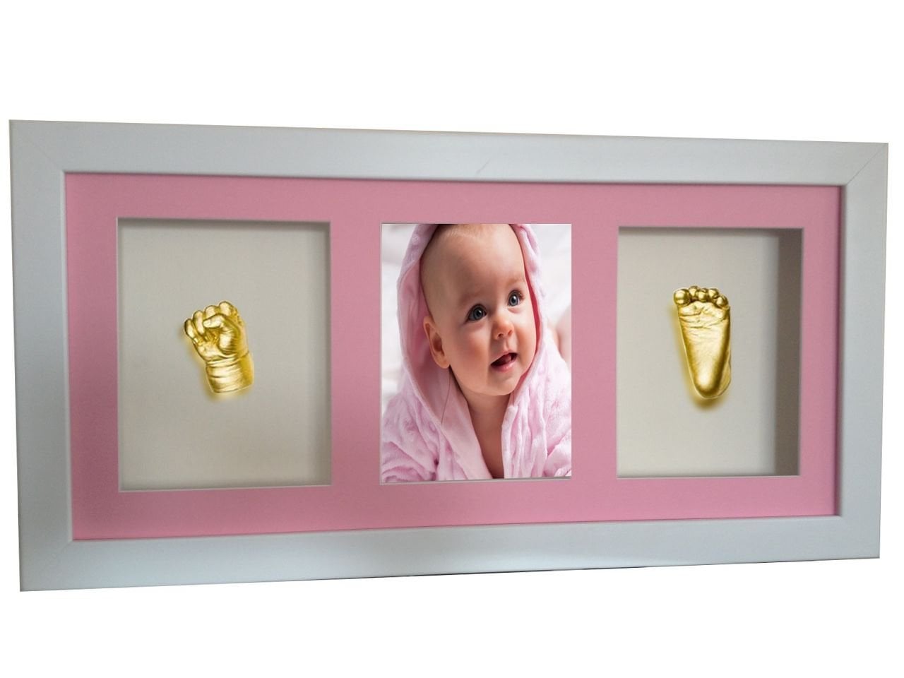 Beyaz çerçeveli, resimli, 3 bölmeli bebek el-ayak izi heykeli seti Altın rengi - Pembe renkli paspartu