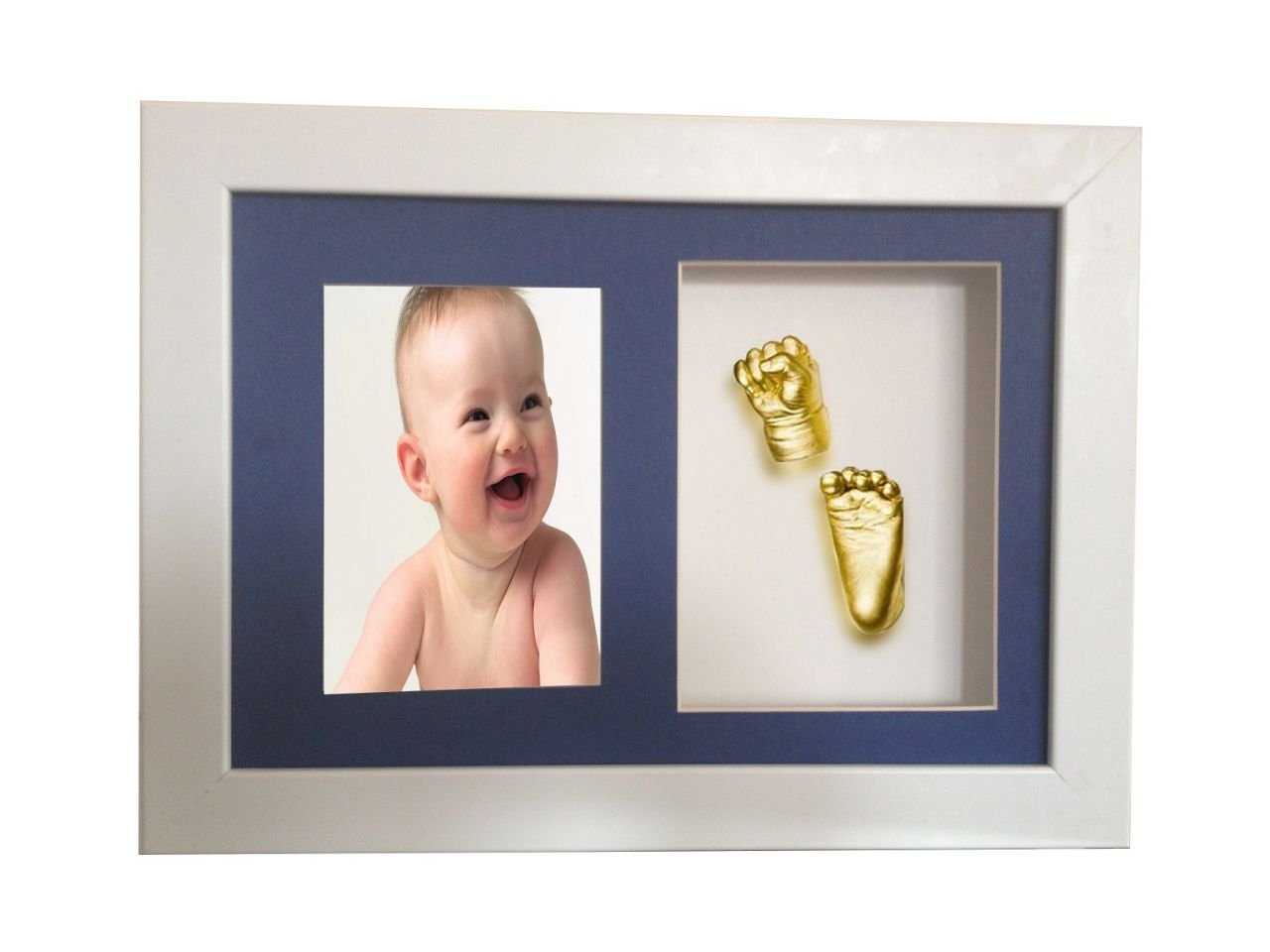 Beyaz çerçeveli resimli bebek el-ayak izi heykeli seti Altın rengi - Mavi renkli paspartu