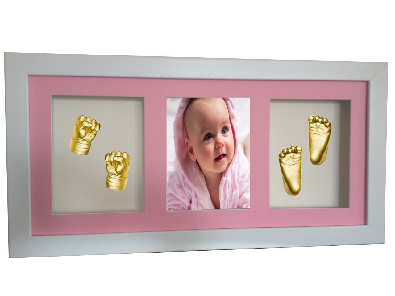 Çerçeveli, resimli, 3 bölmeli bebek 2 el-2 ayak izi heykeli seti Altın rengi - Pembe renkli paspartu