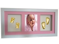 Çerçeveli, resimli, 3 bölmeli bebek 2 el-2 ayak izi heykeli seti Altın rengi - Pembe renkli paspartu