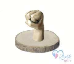 Ahşap stand'lı 3 boyutlu çocuk el izi heykeli seti Gümüş rengi