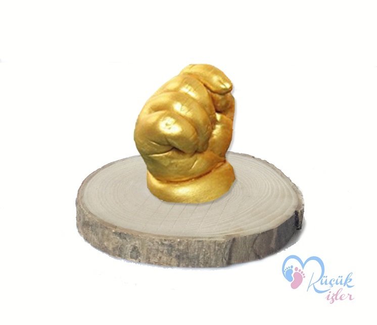 Ahşap stand'lı 3 boyutlu bebek el izi heykeli seti Altın rengi