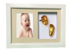 Beyaz çerçeveli resimli bebek el-ayak izi heykeli seti Altın rengi - Krem renkli paspartu
