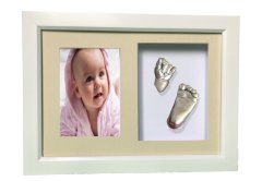Beyaz çerçeveli resimli bebek el-ayak izi heykeli seti Gümüş rengi - Krem renkli paspartu