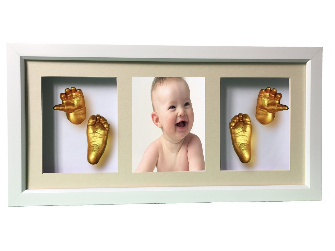 Çerçeveli, resimli, 3 bölmeli bebek 2 el-2 ayak izi heykeli seti Altın rengi - Krem renkli paspartu