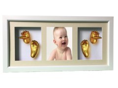 Çerçeveli, resimli, 3 bölmeli bebek 2 el-2 ayak izi heykeli seti Altın rengi - Krem renkli paspartu