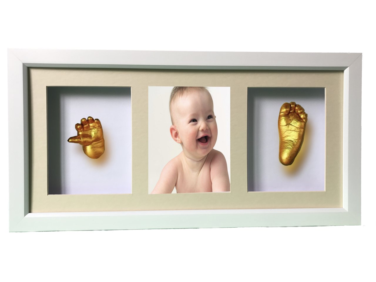 Beyaz çerçeveli, resimli, 3 bölmeli bebek el-ayak izi heykeli seti Altın rengi - Krem renkli paspartu