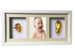 Beyaz çerçeveli, resimli, 3 bölmeli bebek el-ayak izi heykeli seti Altın rengi - Krem renkli paspartu