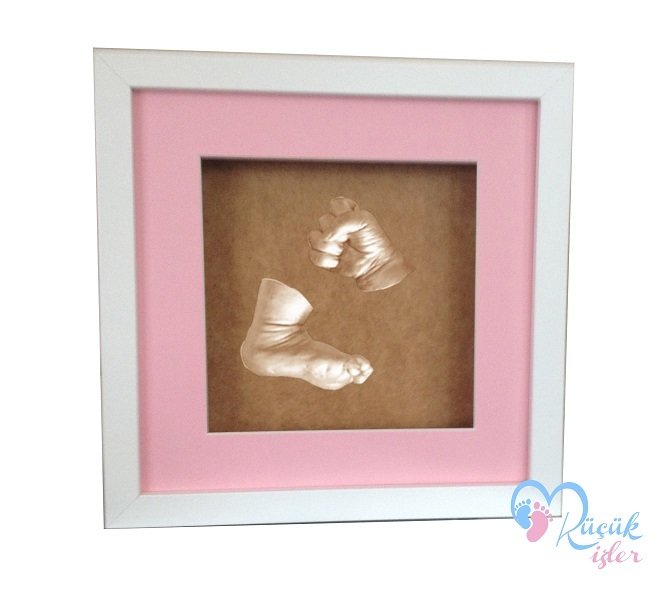 Beyaz çerçeveli bebek el ve ayak izi heykeli seti Ten rengi - Pembe renkli paspartu
