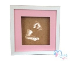 Beyaz çerçeveli bebek el ve ayak izi heykeli seti Ten rengi - Pembe renkli paspartu