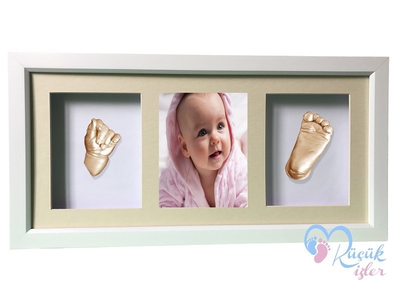 Beyaz çerçeveli, resimli, 3 bölmeli bebek el-ayak izi heykeli seti Ten rengi - Krem renkli paspartu