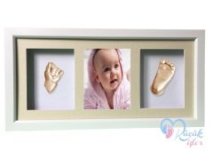 Beyaz çerçeveli, resimli, 3 bölmeli bebek el-ayak izi heykeli seti Ten rengi - Krem renkli paspartu