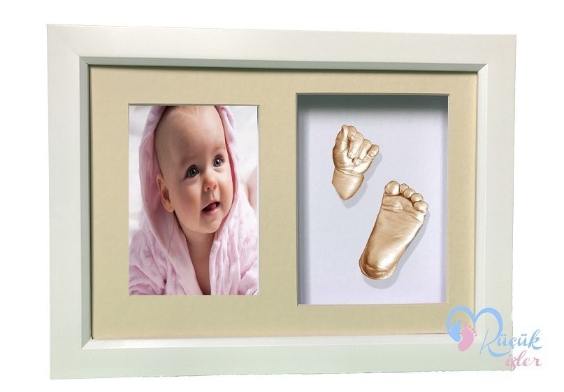 Beyaz çerçeveli resimli bebek el-ayak izi heykeli seti Ten rengi - Krem renkli paspartu