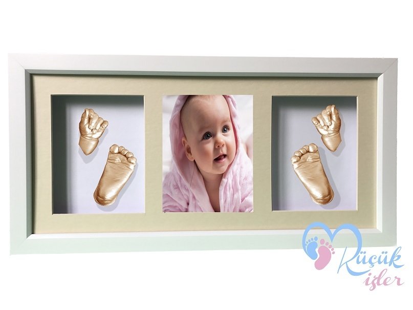 Çerçeveli, resimli, 3 bölmeli bebek 2 el-2 ayak izi heykeli seti Ten rengi - Krem renkli paspartu