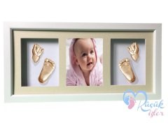 Çerçeveli, resimli, 3 bölmeli bebek 2 el-2 ayak izi heykeli seti Ten rengi - Krem renkli paspartu
