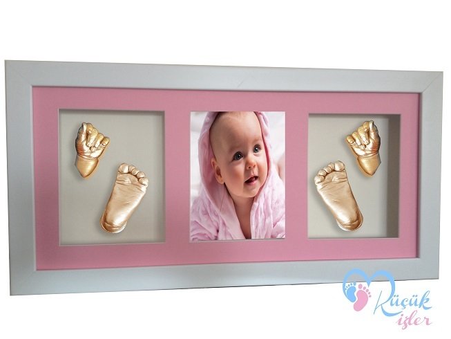 Çerçeveli, resimli, 3 bölmeli bebek 2 el-2 ayak izi heykeli seti Ten rengi - Pembe renkli paspartu