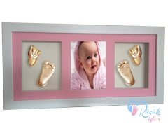 Çerçeveli, resimli, 3 bölmeli bebek 2 el-2 ayak izi heykeli seti Ten rengi - Pembe renkli paspartu
