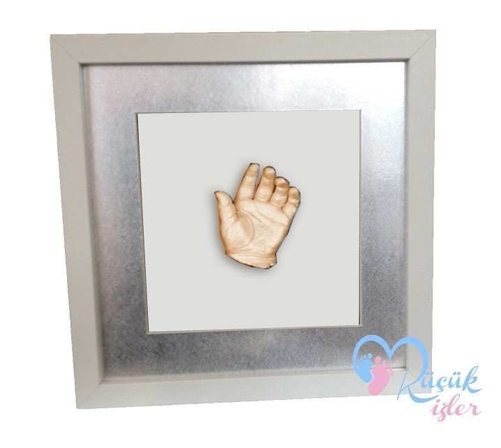 Beyaz çerçeveli çocuk el izi heykeli seti Ten rengi - Gümüş renkli paspartu