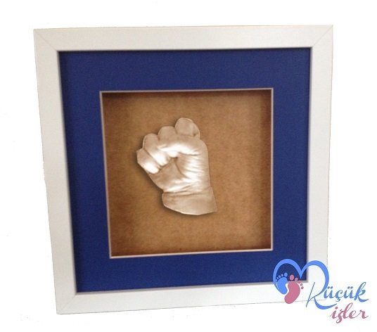 Beyaz çerçeveli çocuk el izi heykeli seti Ten rengi - Mavi renkli paspartu