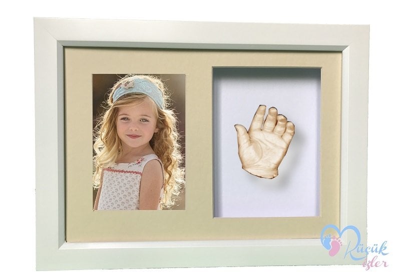 Beyaz çerçeveli, resimli çocuk el izi heykeli seti Ten rengi - Krem renkli paspartu