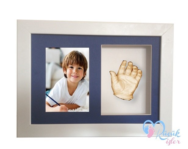 Beyaz çerçeveli, resimli çocuk el izi heykeli seti Ten rengi - Mavi renkli paspartu
