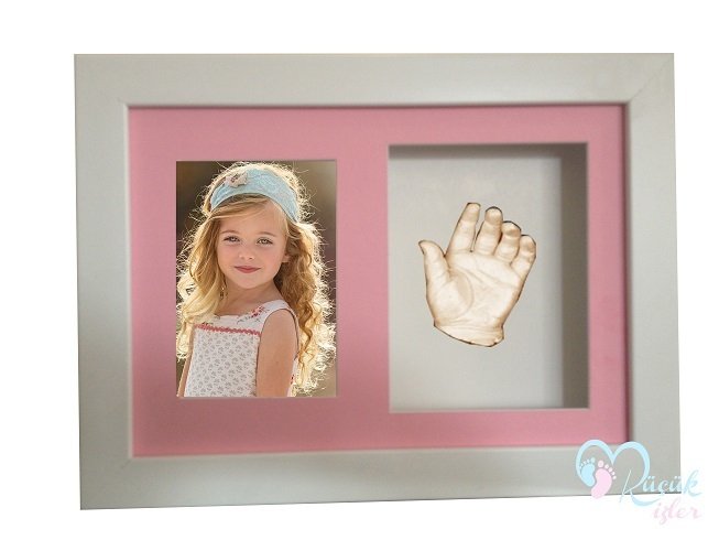 Beyaz çerçeveli, resimli çocuk el izi heykeli seti Ten rengi - Pembe renkli paspartu