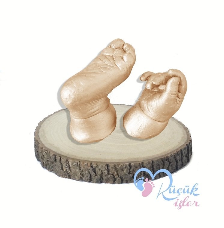 Ahşap stand'lı 3 boyutlu bebek el-ayak izi heykeli seti Ten rengi