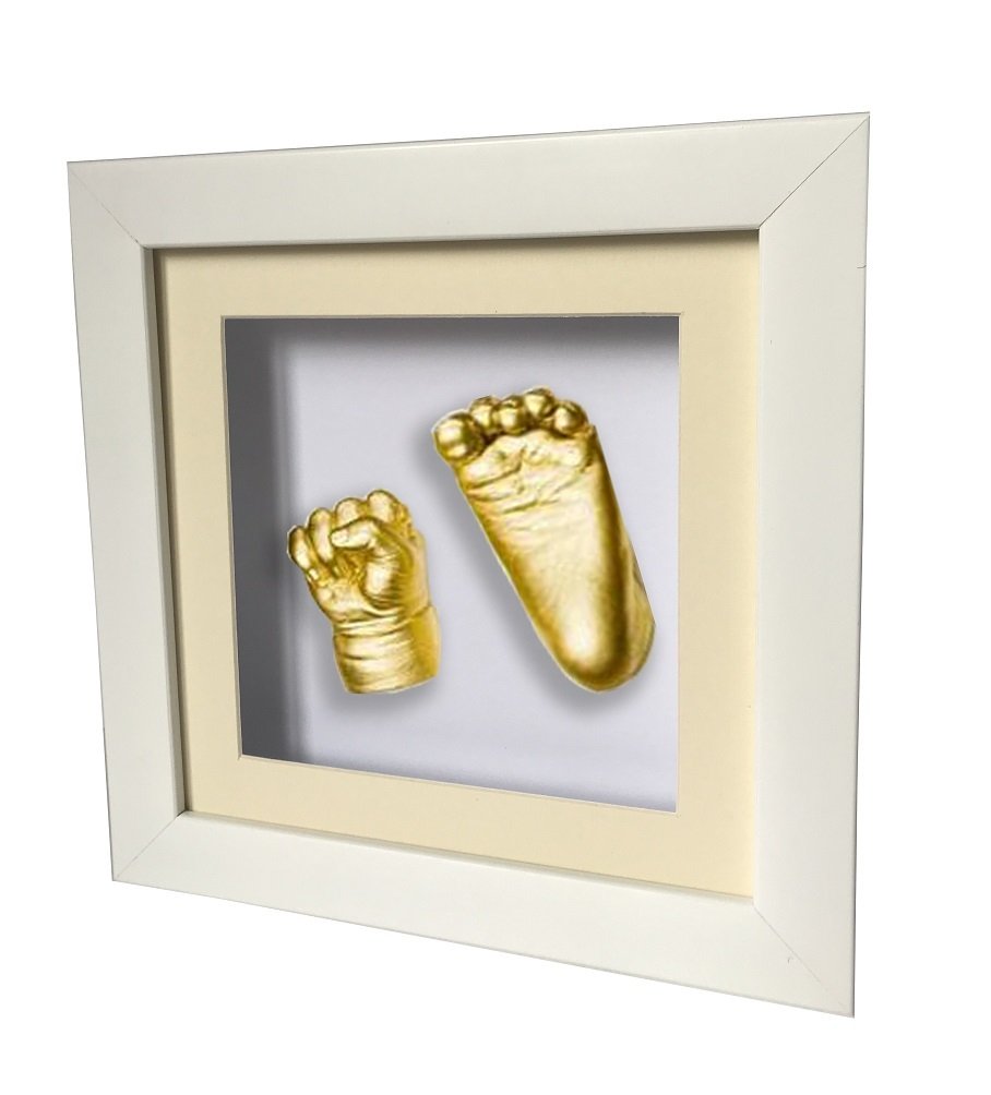 Beyaz çerçeveli bebek el ve ayak izi heykeli seti Altın rengi - Krem renkli paspartu